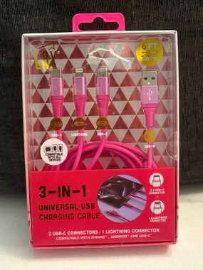6ft Pink 3-in-1 Universal USB Charging Cable